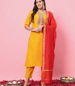 Yellow embroidered cotton blend salwar suit