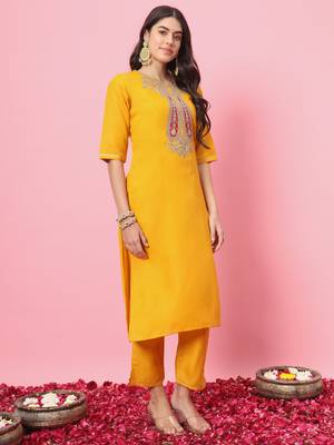 Yellow embroidered cotton blend salwar suit 2
