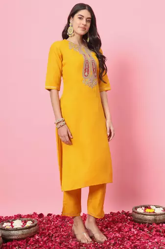 Yellow embroidered cotton blend salwar suit