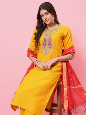 Yellow embroidered cotton blend salwar suit 3