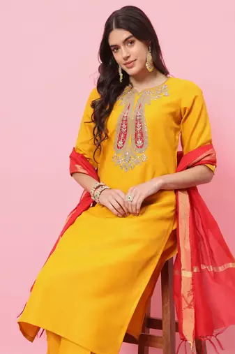 Yellow embroidered cotton blend salwar suit