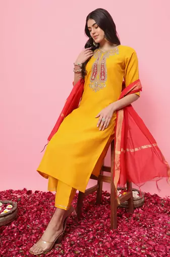 Yellow embroidered cotton blend salwar suit