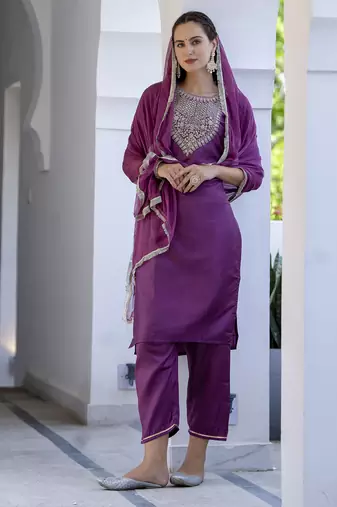 Magenta embroidered silk blend salwar suit
