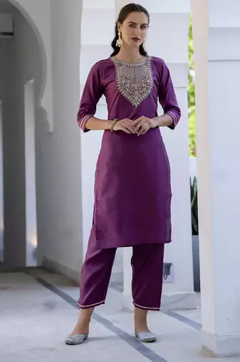 Magenta embroidered silk blend salwar suit