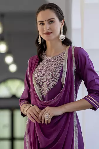 Magenta embroidered silk blend salwar suit