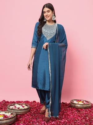 Teal blue embroidered silk blend salwar suit 1