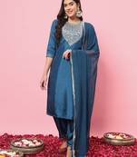 Teal blue embroidered silk blend salwar suit