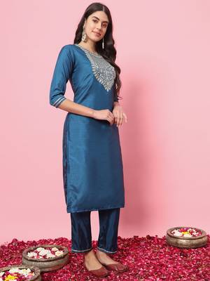 Teal blue embroidered silk blend salwar suit 2