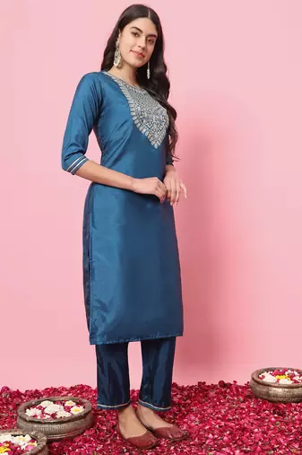 Teal blue embroidered silk blend salwar suit