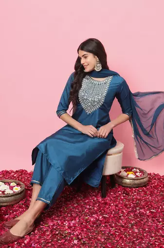 Teal blue embroidered silk blend salwar suit