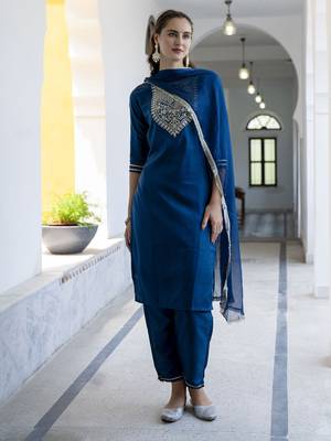 Blue embroidered silk blend salwar suit 1