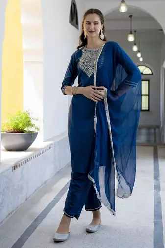 Blue embroidered silk blend salwar suit