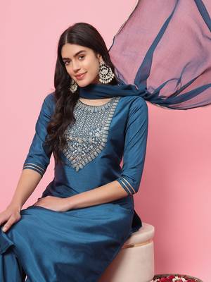 Blue embroidered silk blend salwar suit 4