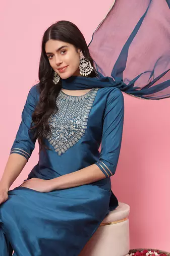 Blue embroidered silk blend salwar suit