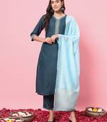 Teal embroidered cotton blend salwar suit