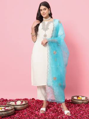 White embroidered silk blend salwar suit 1