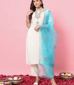 White embroidered silk blend salwar suit