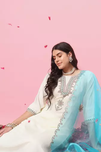 White embroidered silk blend salwar suit