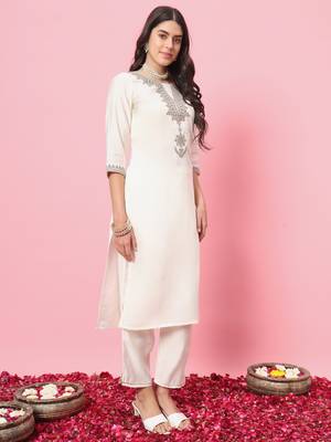 White embroidered silk blend salwar suit 3
