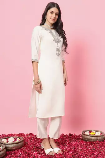 White embroidered silk blend salwar suit