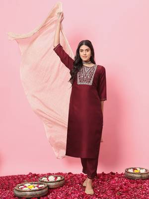 Maroon embroidered silk blend salwar suit 1