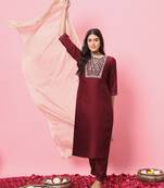 Maroon embroidered silk blend salwar suit