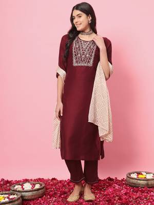 Maroon embroidered silk blend salwar suit 2