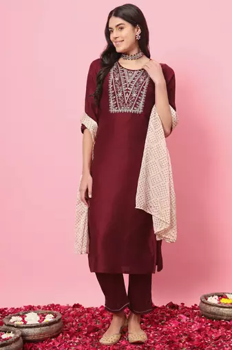 Maroon embroidered silk blend salwar suit