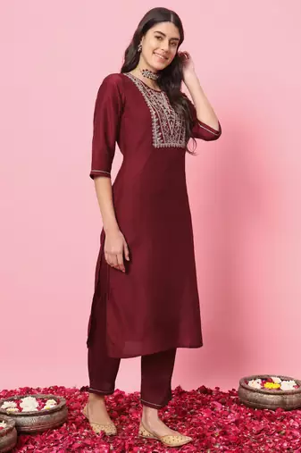 Maroon embroidered silk blend salwar suit