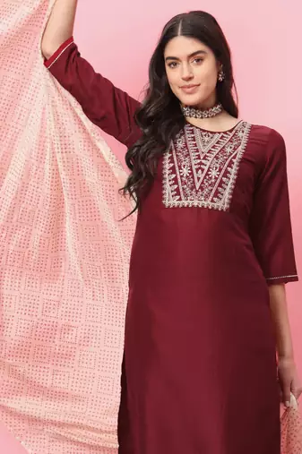 Maroon embroidered silk blend salwar suit