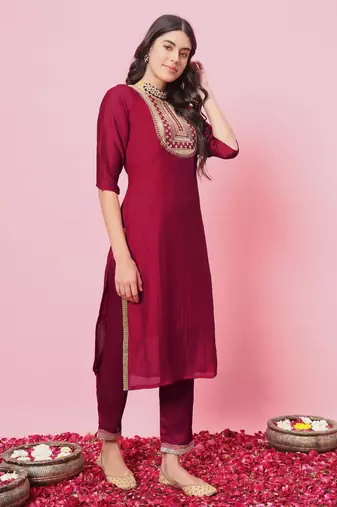 Pink embroidered silk blend salwar suit