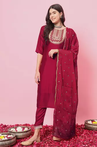 Pink embroidered silk blend salwar suit