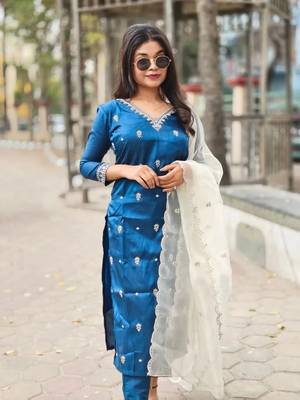 Teal embroidered silk blend salwar suit 1