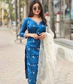 Teal embroidered silk blend salwar suit