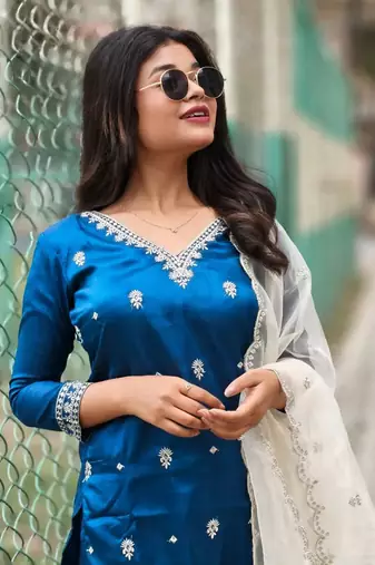 Teal embroidered silk blend salwar suit