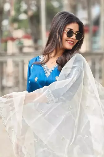 Teal embroidered silk blend salwar suit