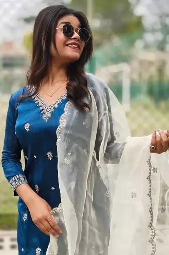 Teal embroidered silk blend salwar suit
