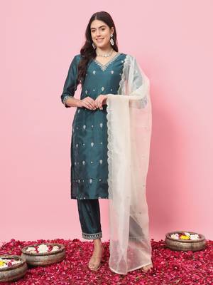Green embroidered silk blend salwar suit 1