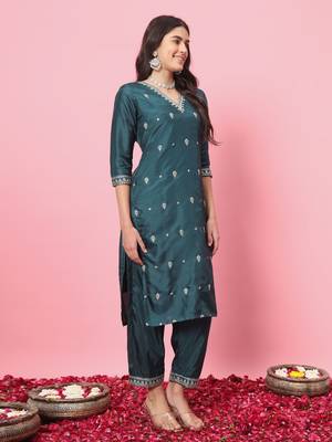 Green embroidered silk blend salwar suit 2