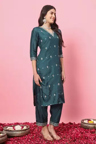 Green embroidered silk blend salwar suit