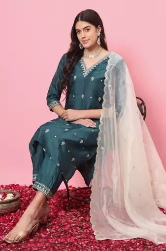 Green embroidered silk blend salwar suit