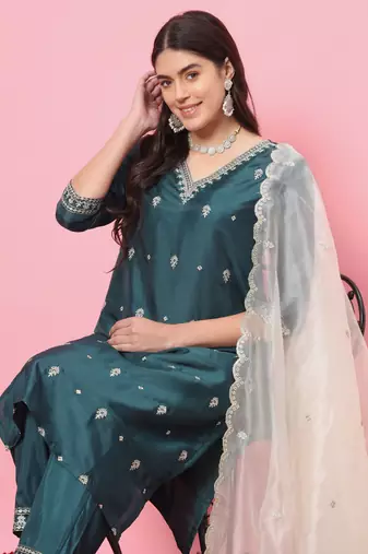 Green embroidered silk blend salwar suit