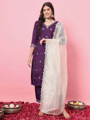 Purple embroidered silk blend salwar suit 1