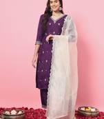 Purple embroidered silk blend salwar suit