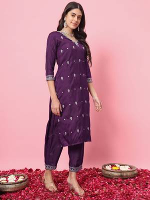 Purple embroidered silk blend salwar suit 2