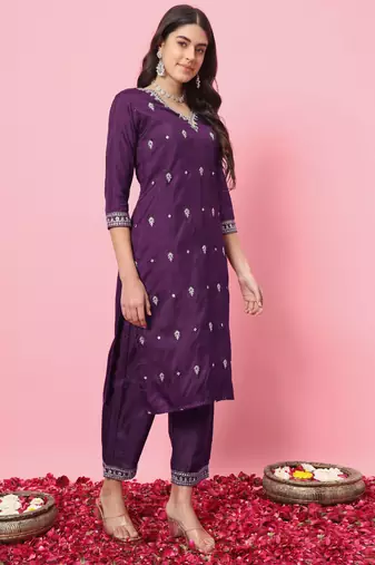 Purple embroidered silk blend salwar suit