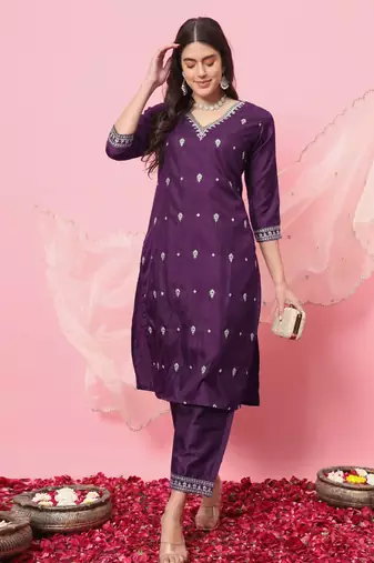 Purple embroidered silk blend salwar suit