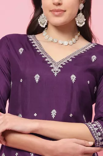 Purple embroidered silk blend salwar suit
