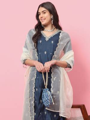 Teal blue embroidered silk blend salwar suit 1