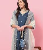 Teal blue embroidered silk blend salwar suit